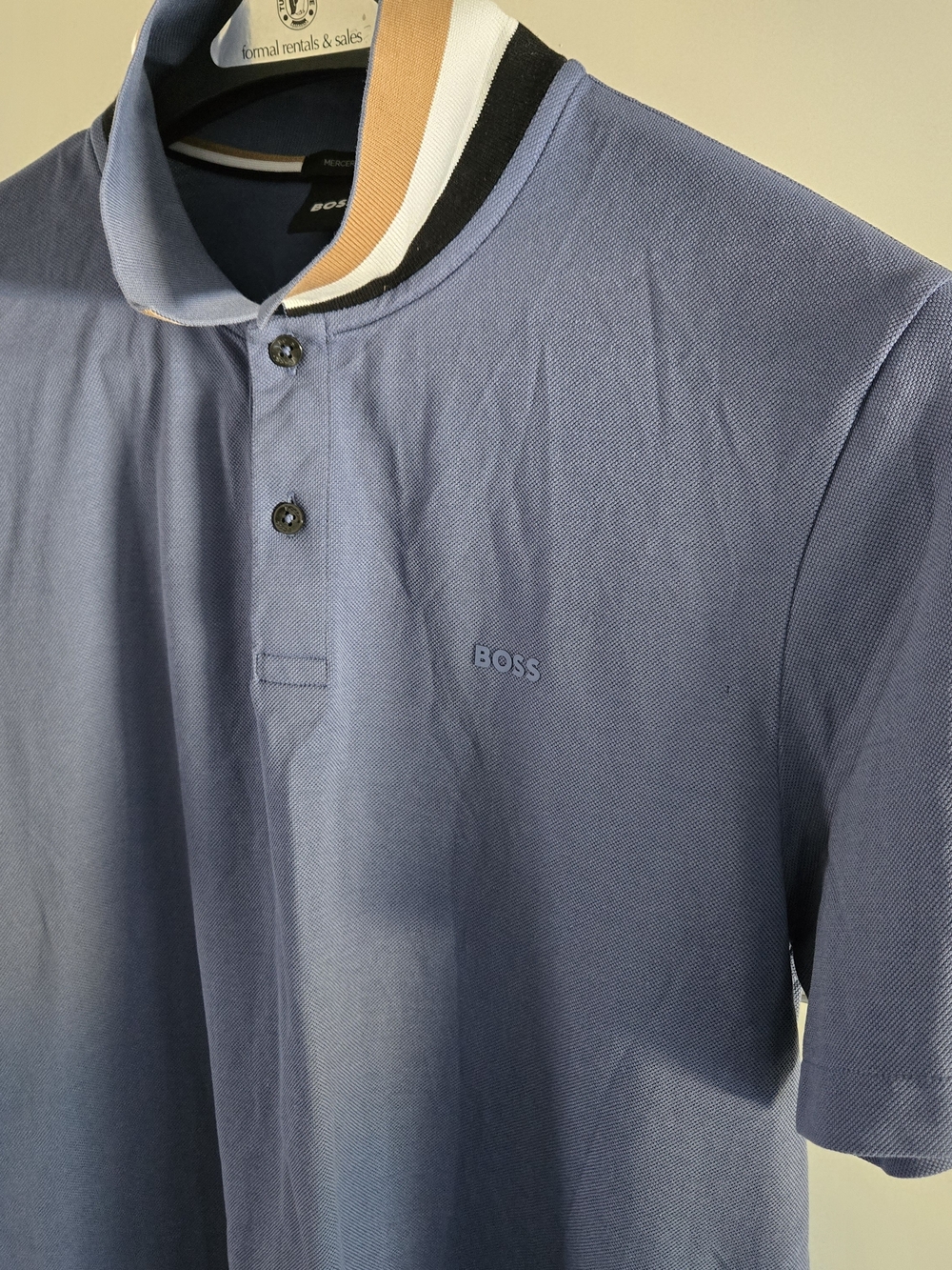 BOSS Men's Blue Polo Shirt with Contrast Collar